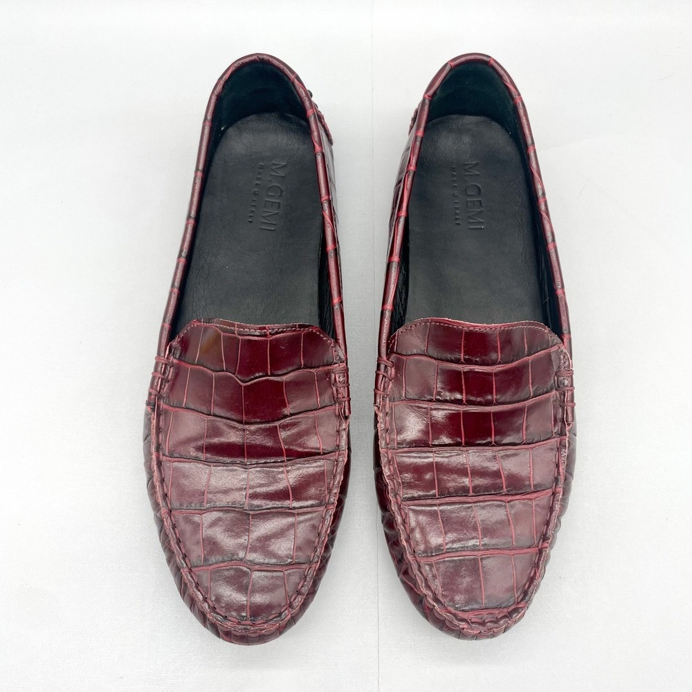 M Gemi Womens 41 10 Driver Loafers Burgundy Croco Print Leather Slip On Moccasin